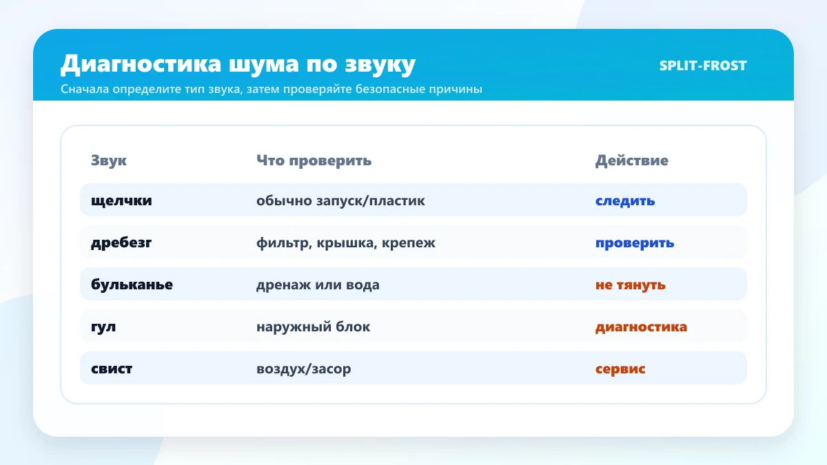 Таблица диагностики шума кондиционера по типу звука